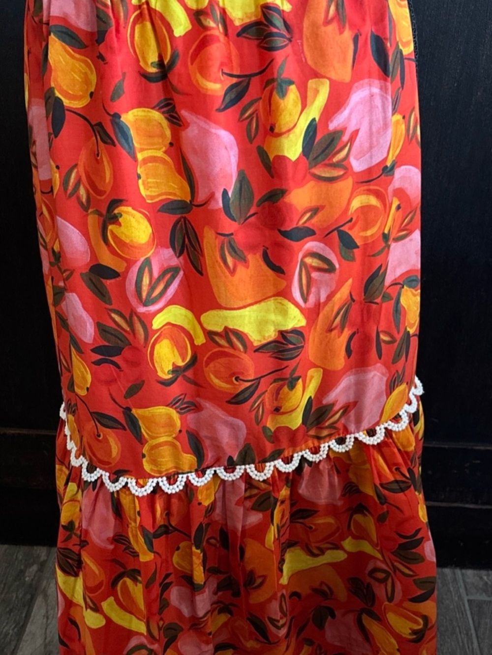 Anthropologie Farm Rio XS Tiered Flare-Hem Midi Skirt NWT orange fruit printed